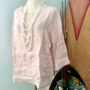 Bellambra 100% Linen Top,Pale Pink Sequin Short Sleeve Blouse Lagenlook Sz Large